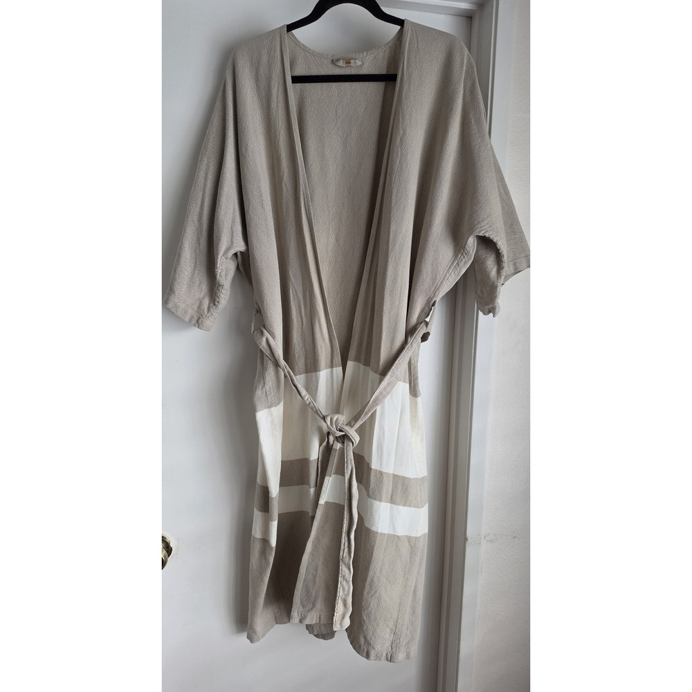 Candor Woven Cotton Wrap Robe -Neutral Striped Loungewear - Size S/M - Boho Chic
